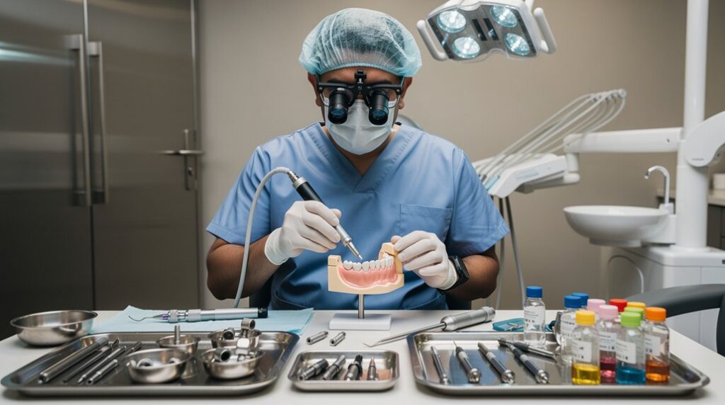 dental-care-surrey-dentist-working-on-model-of-teeth