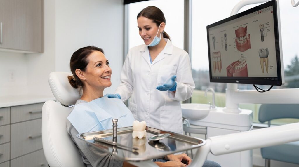 dental-care-surrey-woman-smiling-in-dental-office-appointment