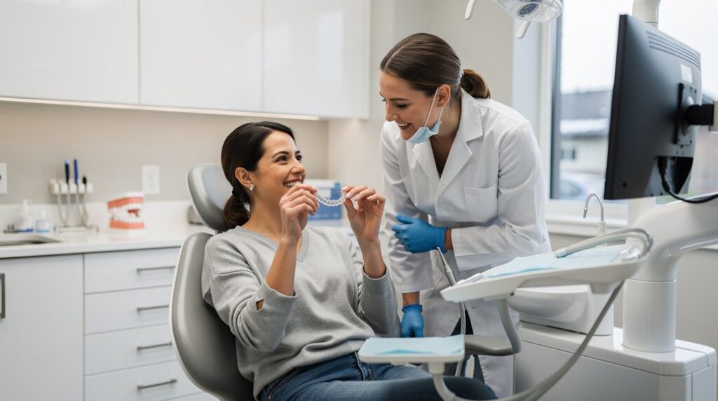 Dentist showing clear aligners to a smiling patient in the dental chair at Pearl Care Dental in Cloverdale, Surrey