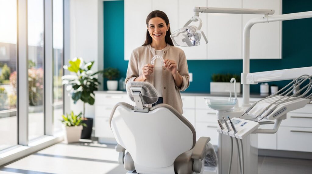 Smiling patient holding Invisalign clear aligners beside a dental chair at Pearl Care Dental in Cloverdale