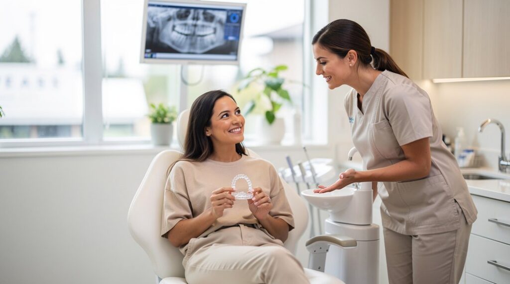 Dental team member talking with a smiling patient holding clear aligners during an Invisalign consultation in Cloverdale